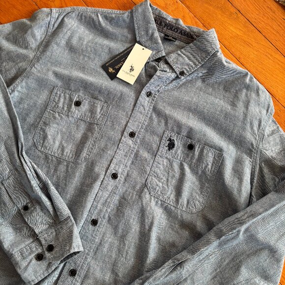 U.S. Polo Assn. Shirt Mens XL Solid Slub Canvas Button Down Chambray Blue‎ Dress - Picture 1 of 8